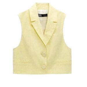 Zara Cropped Waistcoat Vest with Covered Buttons in Yellow. Size XS
